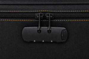 Close-up of the two zipper pulls aligned at the lockable closure of the Lockable Security Carry Bag with ID Window.