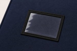 Close-up of the clear framed ID window on the front of the Security Zipper Bag with ID Window.