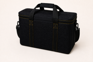 Rear view showing two vertical webbing straps joined by a fixed centre panel, outer side zippers and the shoulder strap behind the bag.