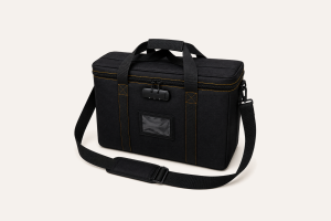 Complete front view of the Lockable Security Carry Bag with ID Window, showing its dual-zipper closure, clear ID window, carry handles and shoulder strap.