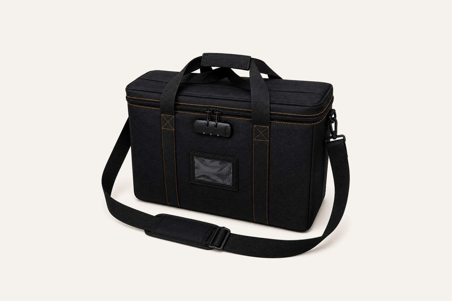 Complete front view of the Lockable Security Carry Bag with ID Window, showing its dual-zipper closure, clear ID window, carry handles and shoulder strap.