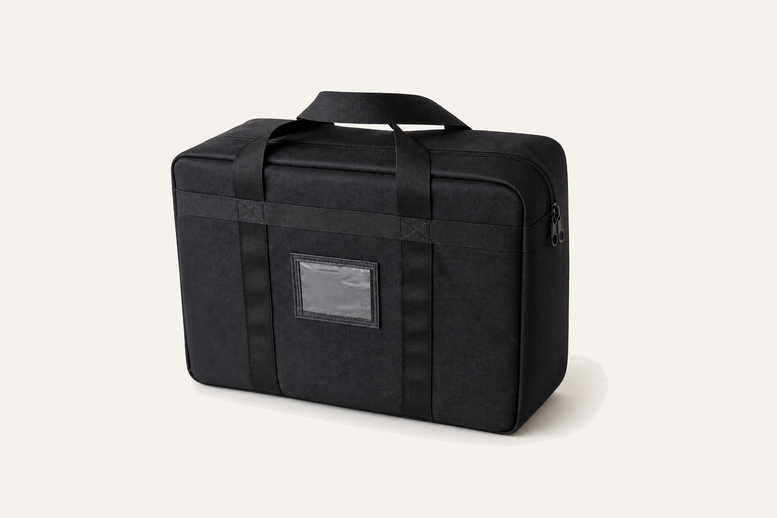 Complete front view of the Reinforced Security Carry Bag with ID Window, showing its zipper, clear ID window and webbing handles.