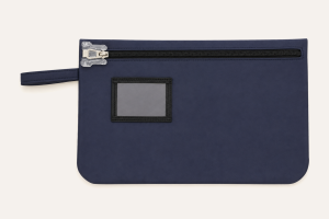 Full front view of the Security Zipper Bag with ID Window, showing the aligned zipper pull and transparent lock base without a seal, clear ID window and wrist strap.