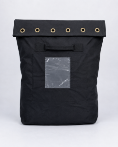 Front view of a black Heavy Duty Security Sack with folded eyelet closure, webbing handle and clear external ID window
