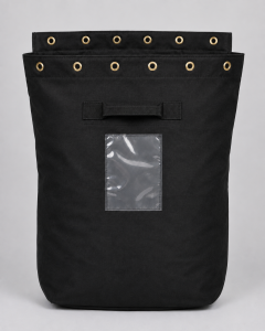 Open front view of a black Heavy Duty Security Sack with metal eyelets, webbing handle and clear external ID window