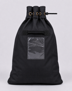 Front view of a black Heavy Duty Security Sack with rolled eyelet closure secured by a black cable tie, webbing handle and clear ID window
