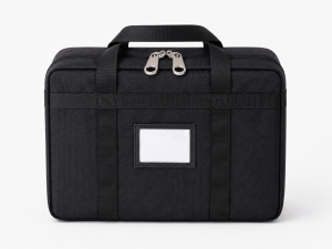Front view of reinforced security carry bag with clear ID window