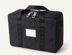 Reinforced security carry bag with ID window and top-centre dual zipper pullers