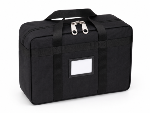 Three-quarter view of reinforced security carry bag with webbing handles and dual zipper pullers