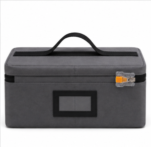 Front view of the reusable insulated sample transport carrier showing the handle, ID window and sealed zipper-pull assembly.