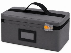 Three-quarter view of a reusable insulated sample transport carrier with carry handle, ID window and sealed Tamper-Evident Zipper-Pull Seal Assembly.