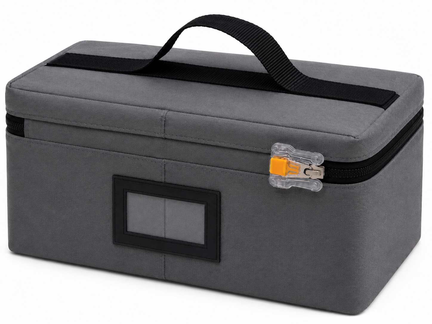 Three-quarter view of a reusable insulated sample transport carrier with carry handle, ID window and sealed Tamper-Evident Zipper-Pull Seal Assembly.