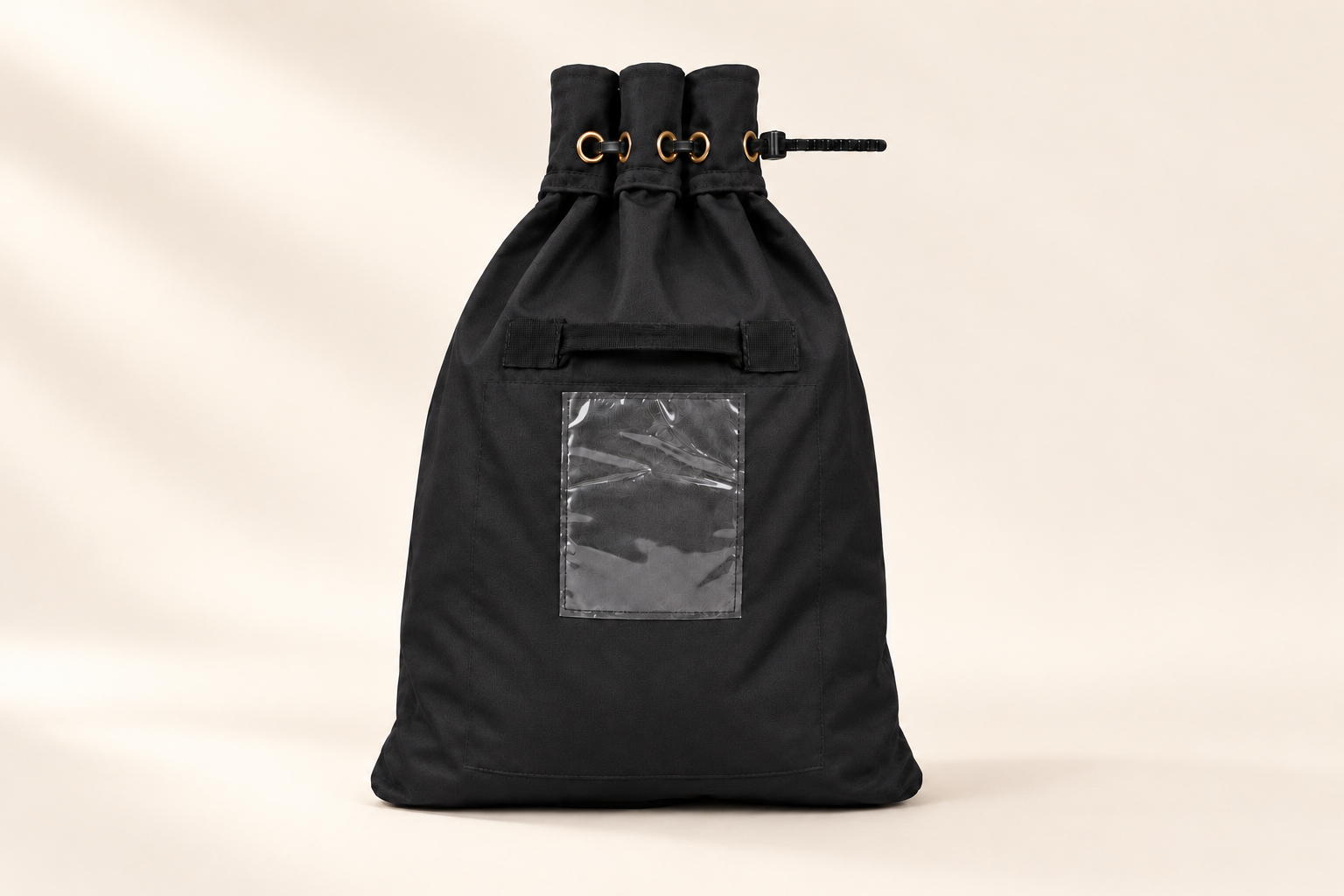 Black Heavy Duty Security Sack with rolled metal-eyelet closure, webbing handle and clear external ID window