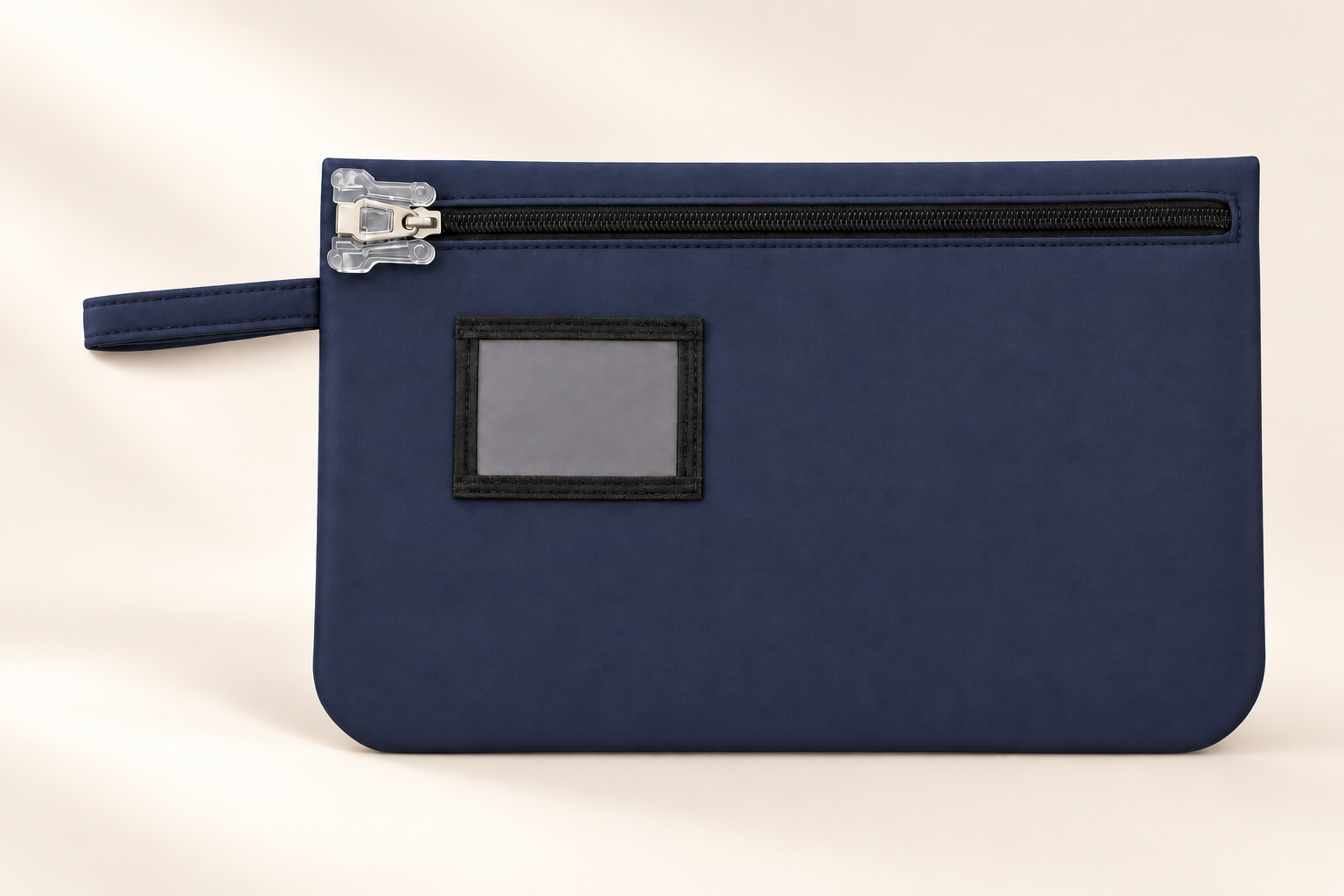 Full front view of the Security Zipper Bag with ID Window, showing the aligned zipper pull and transparent lock base without a seal, clear ID window and wrist strap.