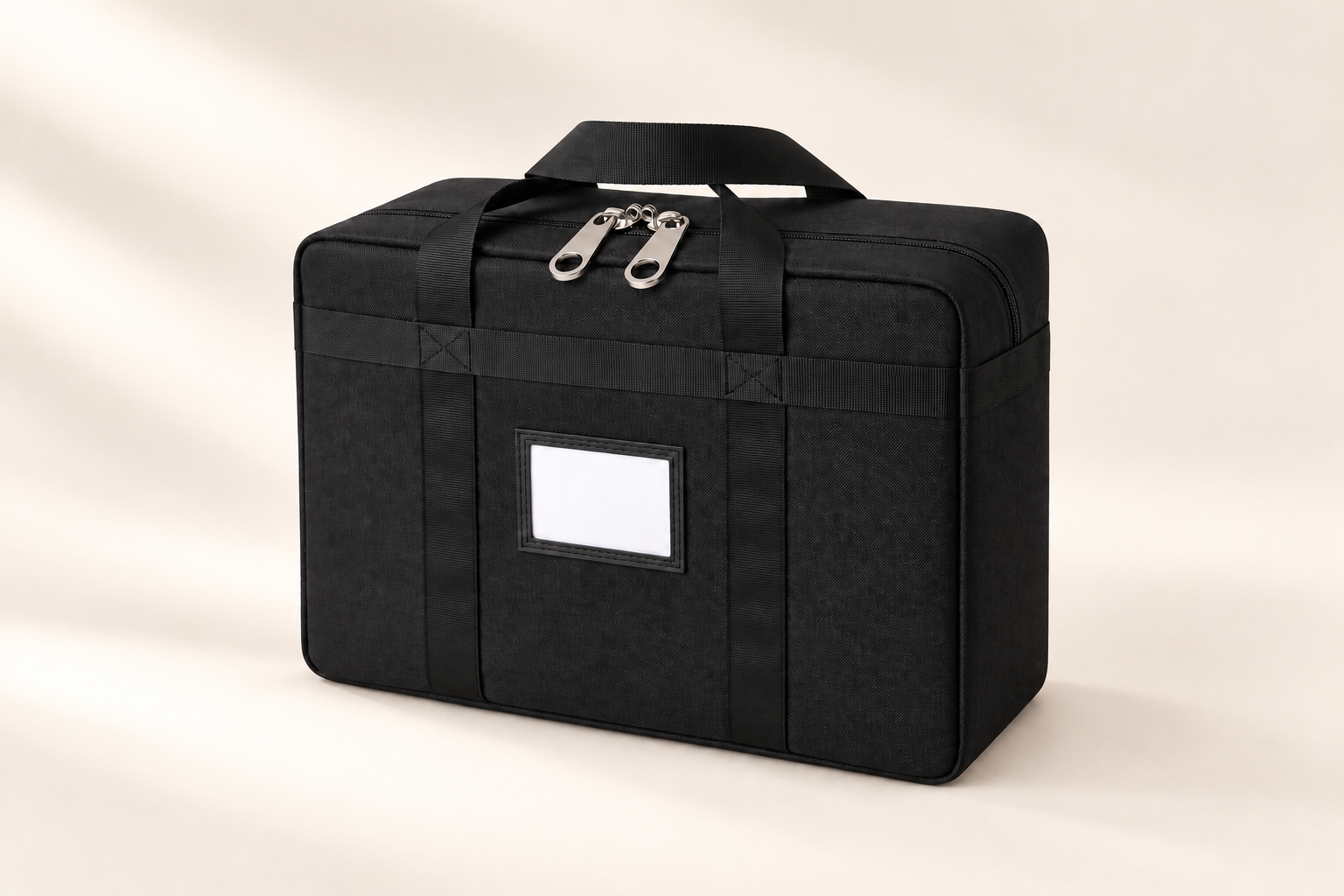 Complete front view of the Reinforced Security Carry Bag with ID Window, showing its zipper, clear ID window and webbing handles.