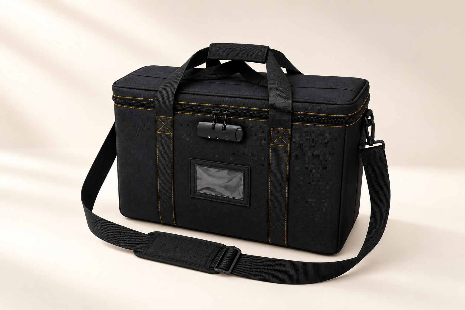 Complete front view of the Lockable Security Carry Bag with ID Window, showing its dual-zipper closure, clear ID window, carry handles and shoulder strap.