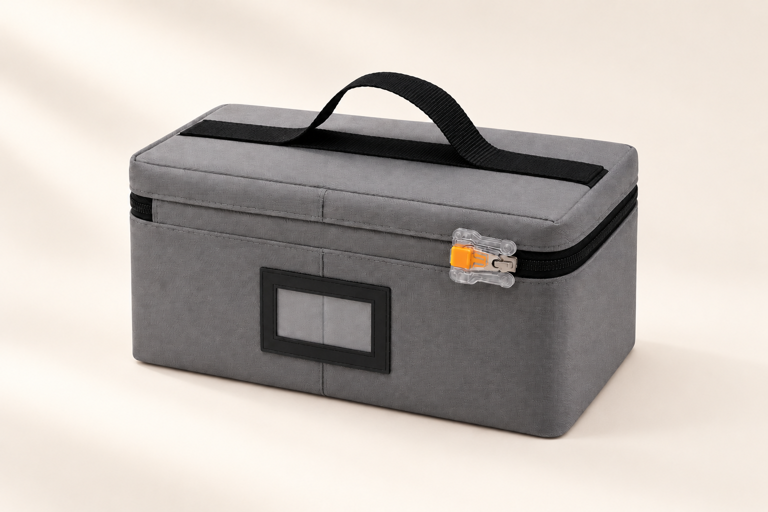 Three-quarter view of a reusable insulated sample transport carrier with carry handle, ID window and sealed Tamper-Evident Zipper-Pull Seal Assembly.